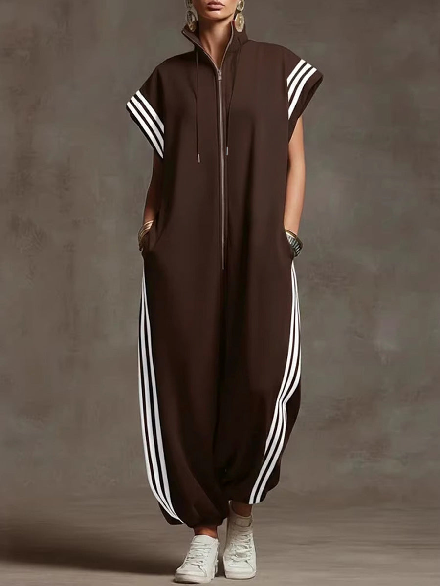 Plus Size Striped Sleeveless Jumpsuit with Stand Collar