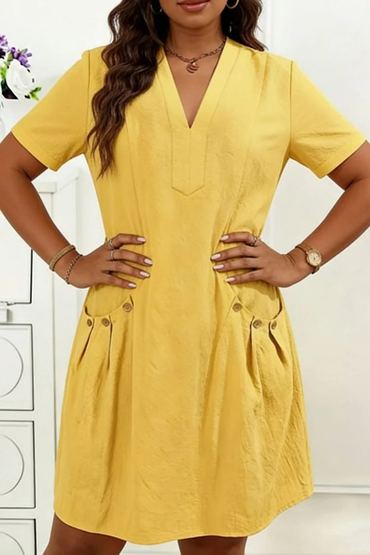 V-neck midi dress with pockets in yellow, smart casual wardrobe | Alba Muse