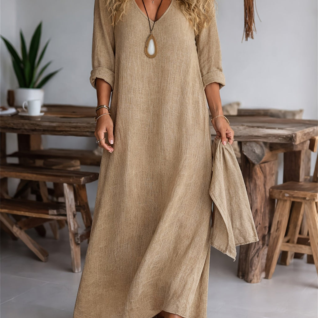 V-neck long sleeve loose linen maxi dress | Alba Muse