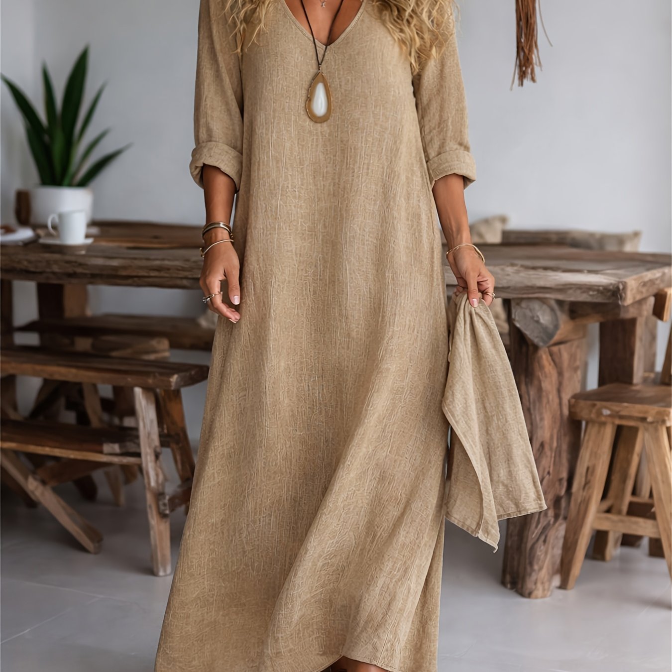V-neck long sleeve loose linen maxi dress | Alba Muse