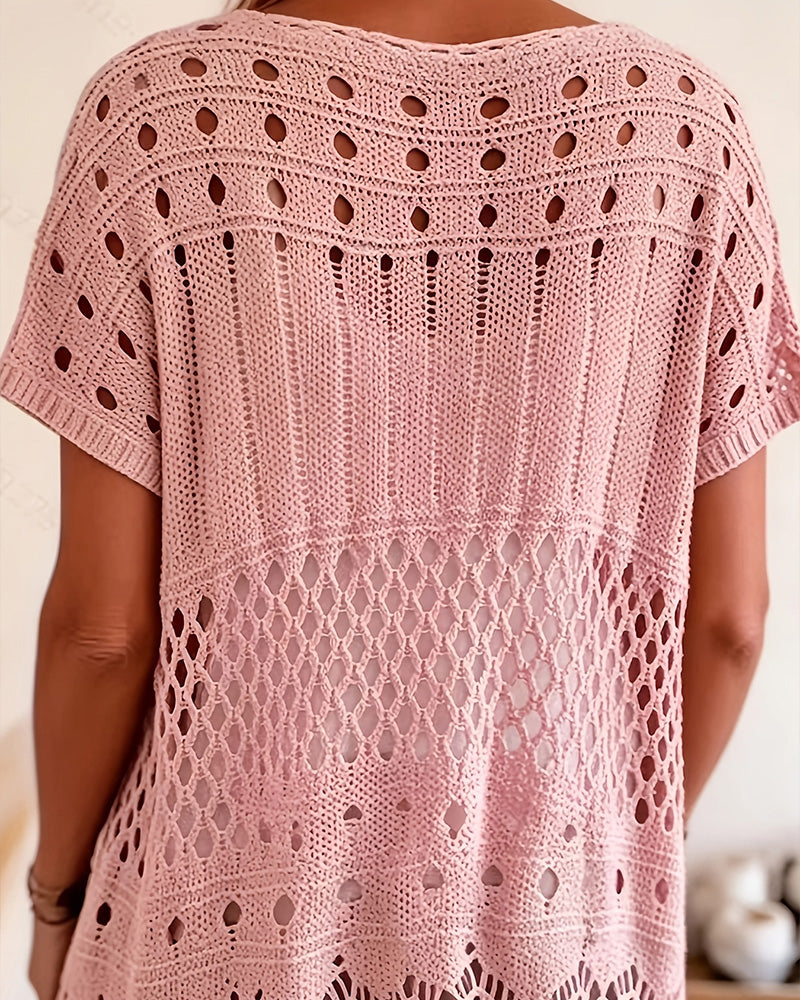 Women's Pink Round Neck Hollow-Out Knit Jumper — worn on model