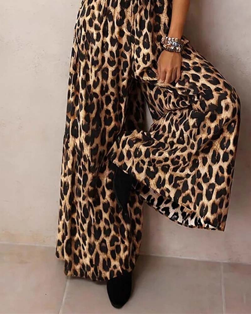 Brown Leopard Print High-Waist Wide-Leg Jumpsuit — worn on model