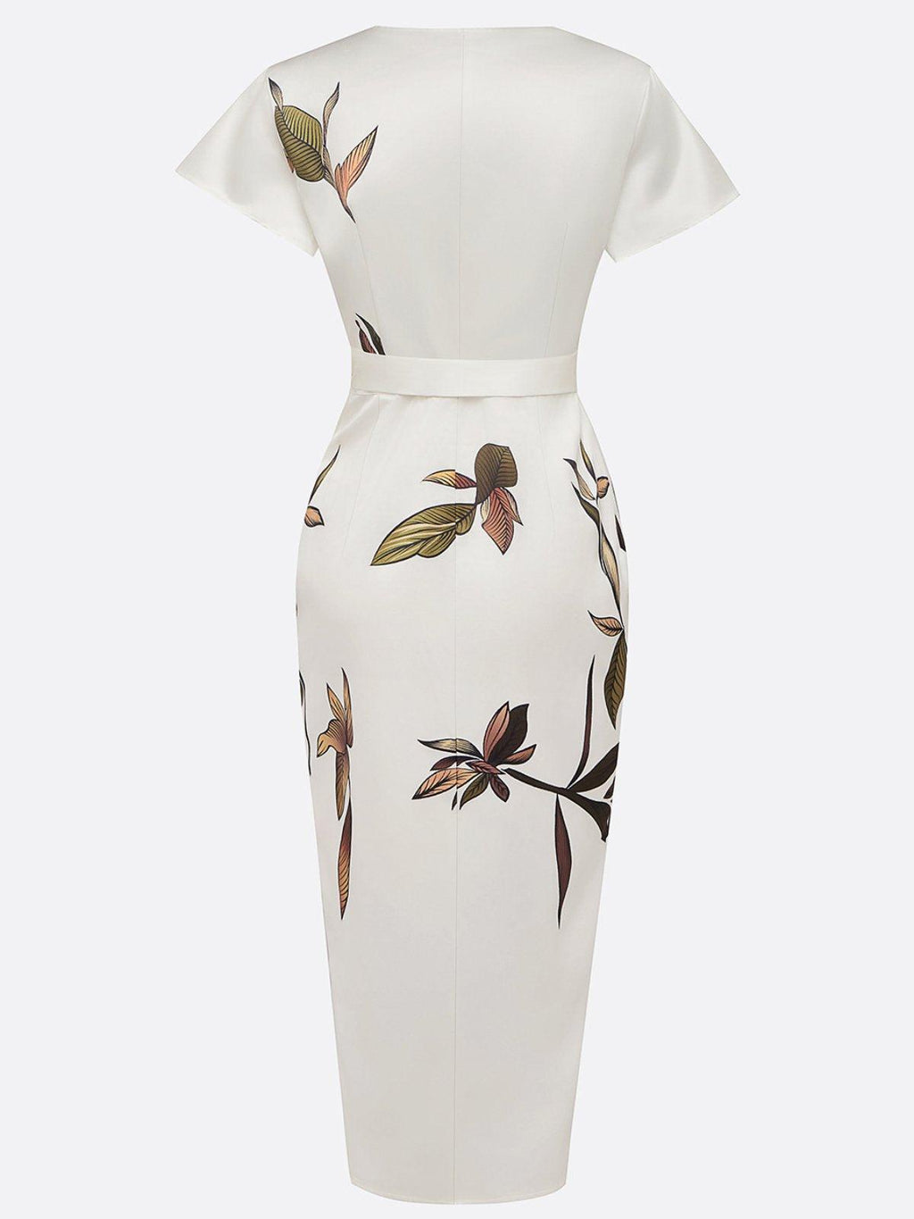 Women's wrap maxi dress in lush leaf print showing full-length silhouette