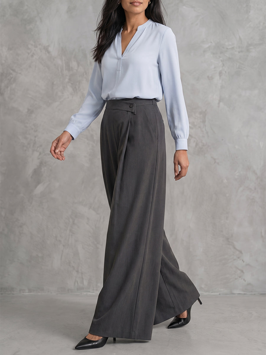 Pleated Wide-Leg Trousers with Asymmetric Detail