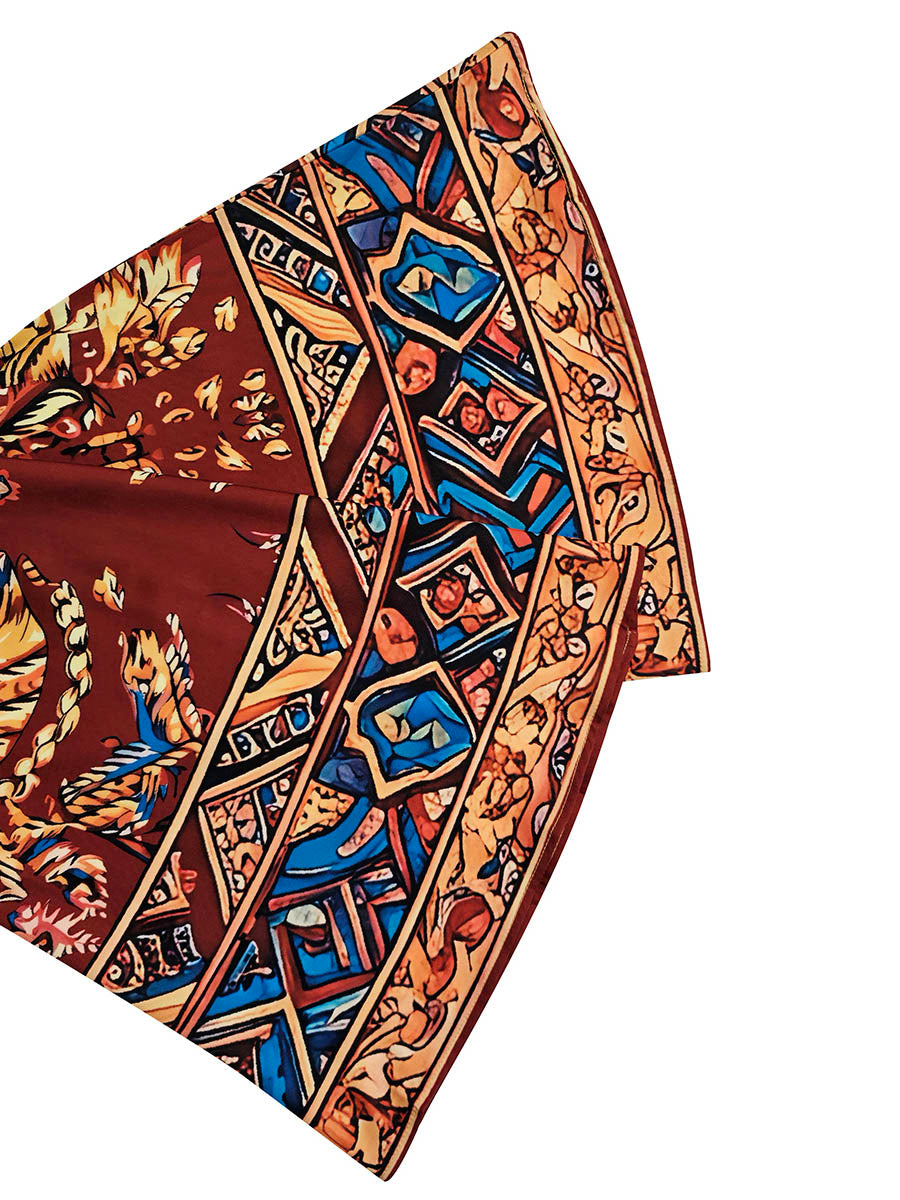 Close-up of the contrast-print fabric border pattern on the midi dress