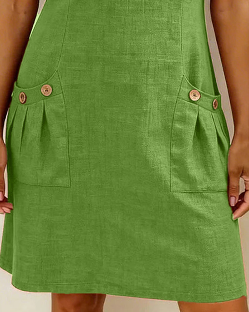 Round Neck Short Sleeve Pocket Zip Cotton Linen Dress