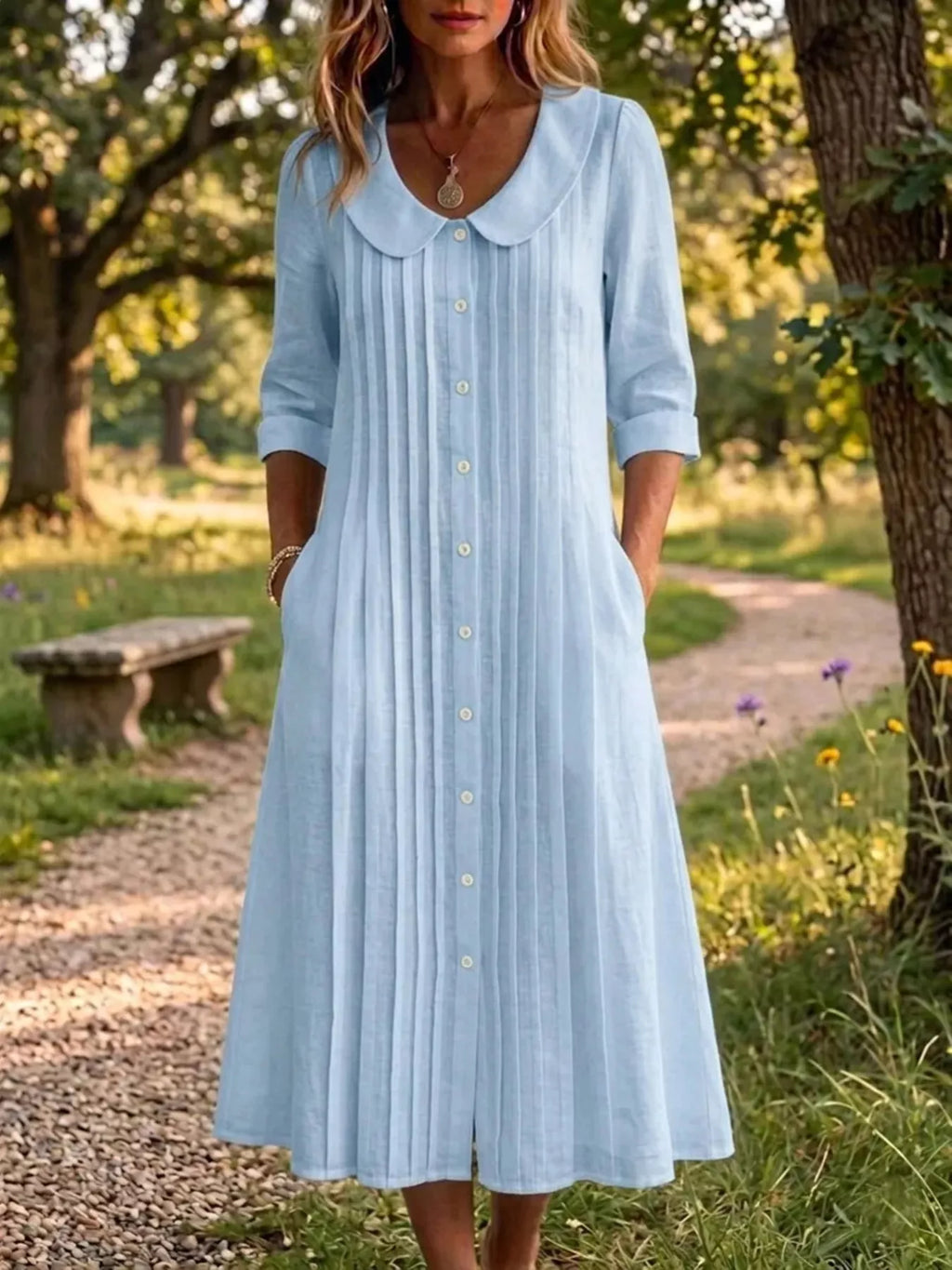 Peter Pan Collar Plus Size Shirt Dress with Button-Down Front