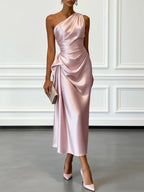 Blush pink satin one shoulder midi dress, ruched front view