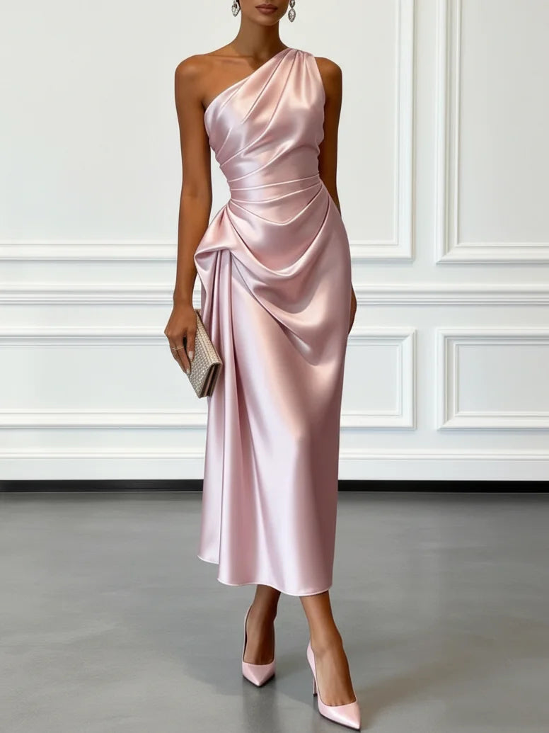 Blush pink satin one shoulder midi dress, ruched front view