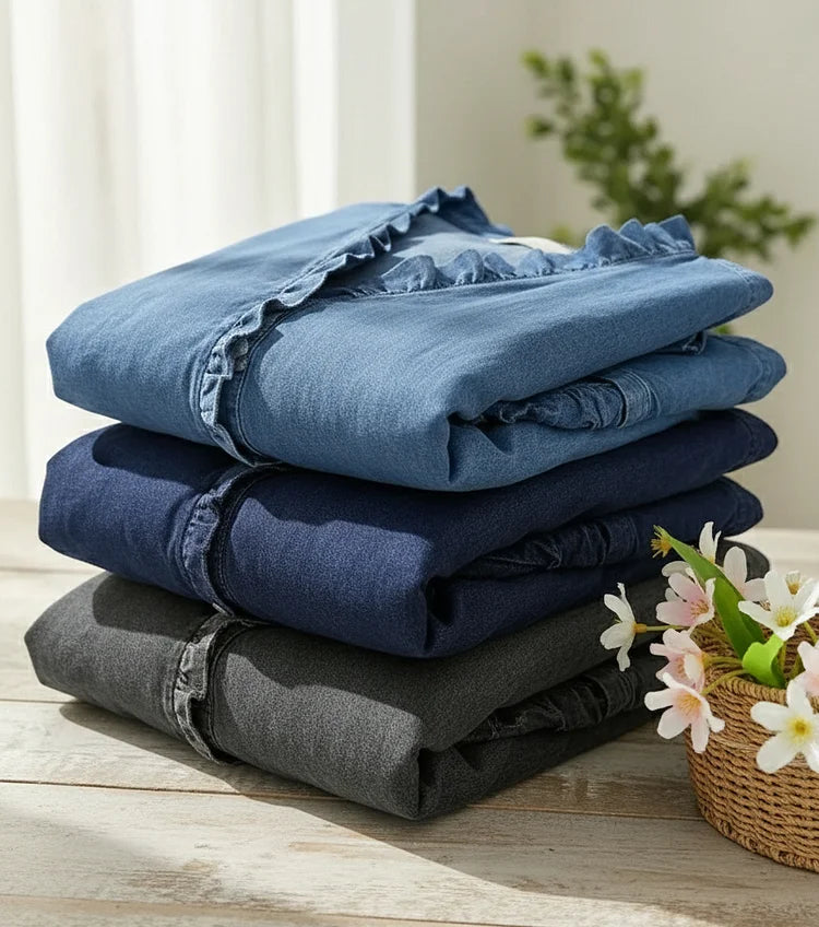 V-neck denim shirt with ruffle in blue, everyday casual look | Alba Muse