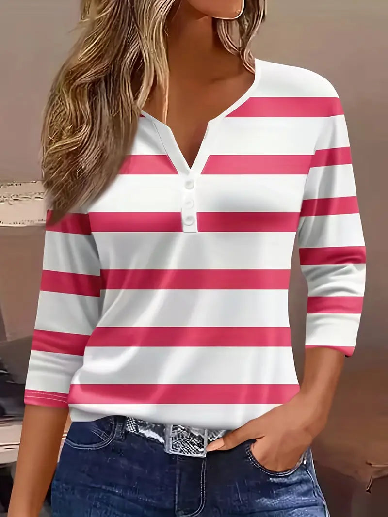 Women's Striped Button Henley Top