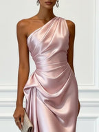Blush pink satin one shoulder ruched midi dress – bodice close up