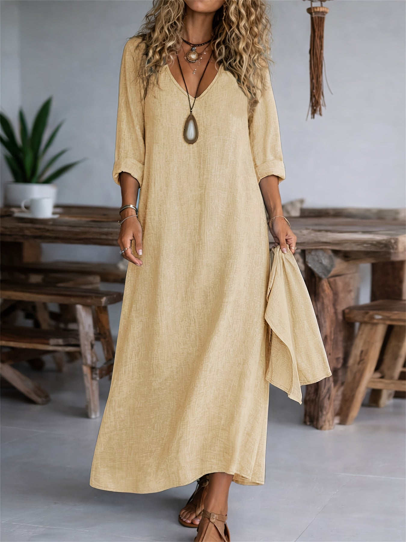 V-neck long sleeve loose linen maxi dress | Alba Muse