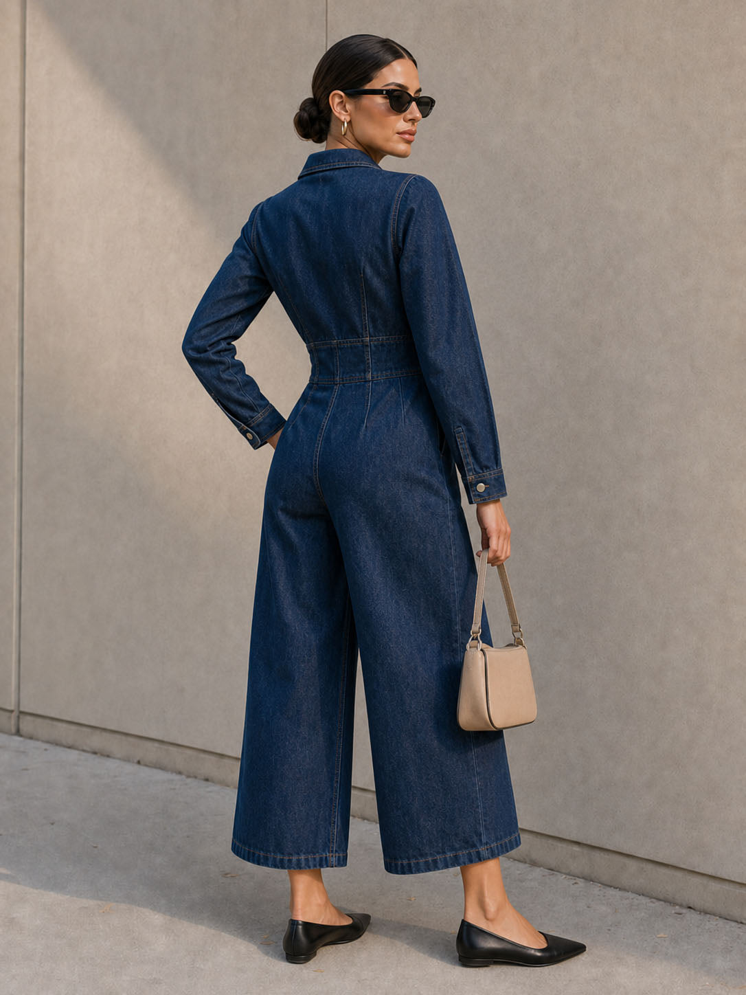 Cropped Denim-Blend Lapel Jumpsuit with Long Sleeves