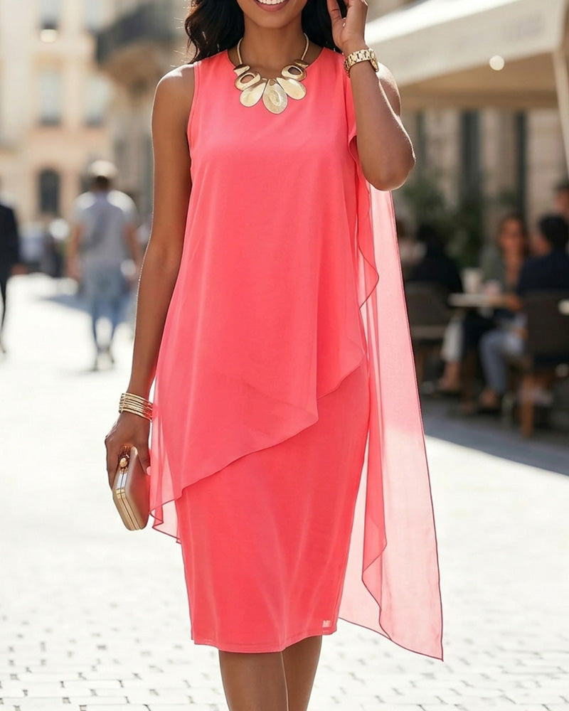 Sleeveless flowy mini dress, back view