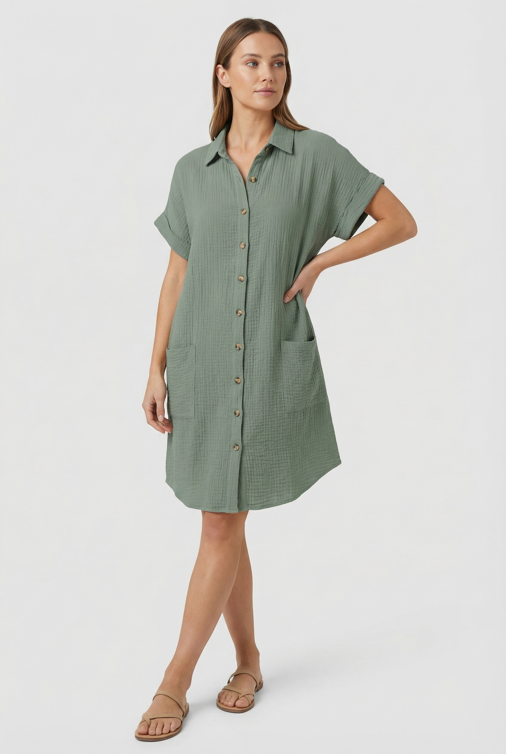 Women's Cotton Blend Short Sleeve Shirt Dress