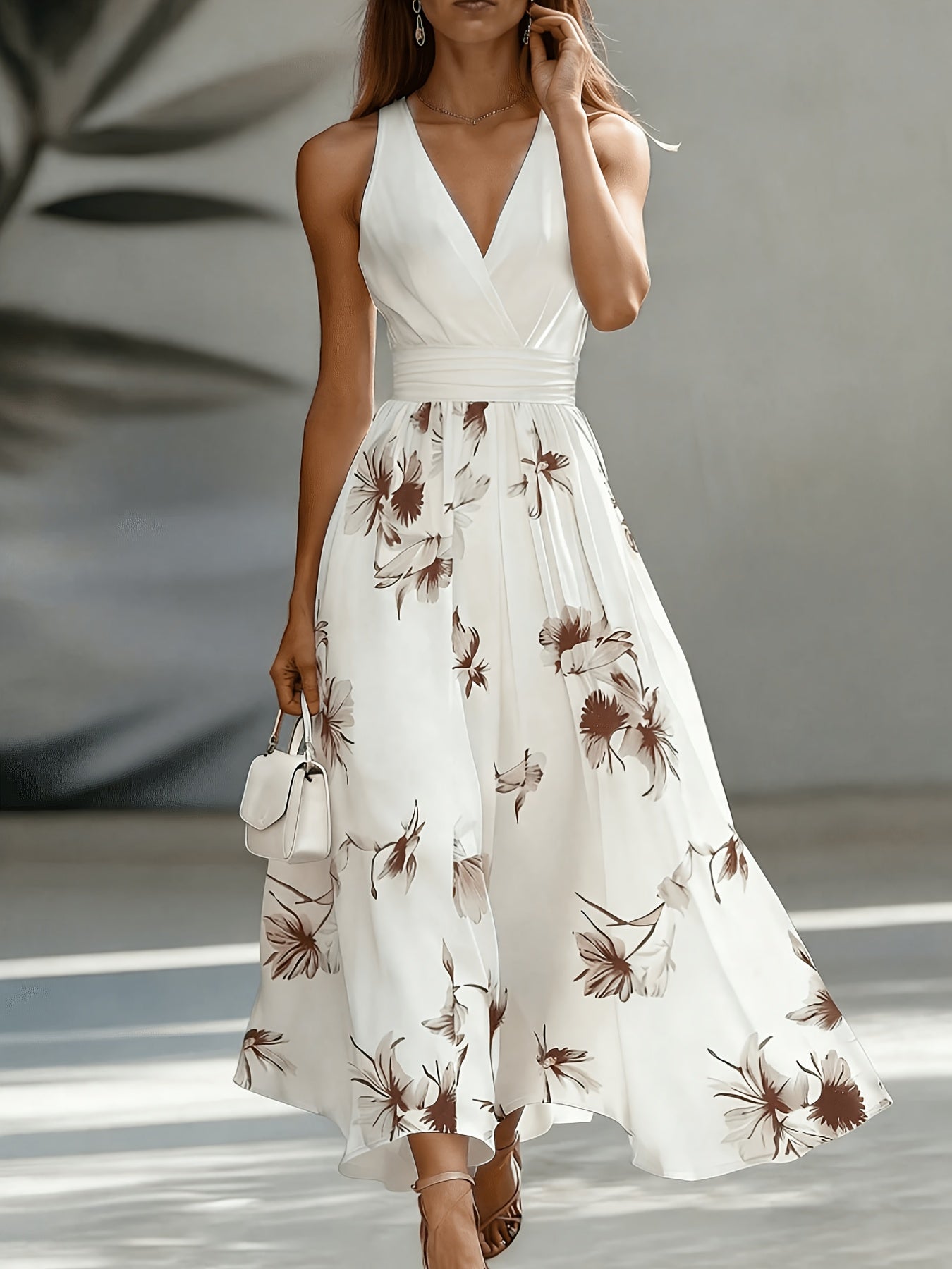 Backless Ruched Floral Patchwork Flared Maxi Dress in Coffee Brown, detail view