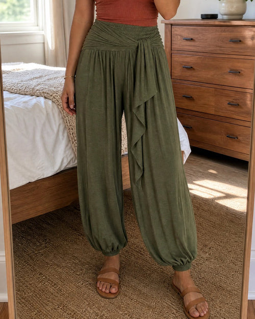 Army Green Cuffed Drawstring Balloon-Leg Trousers, front view
