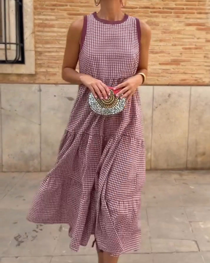 Burgundy Plaid Round Neck Sleeveless Midi Dress