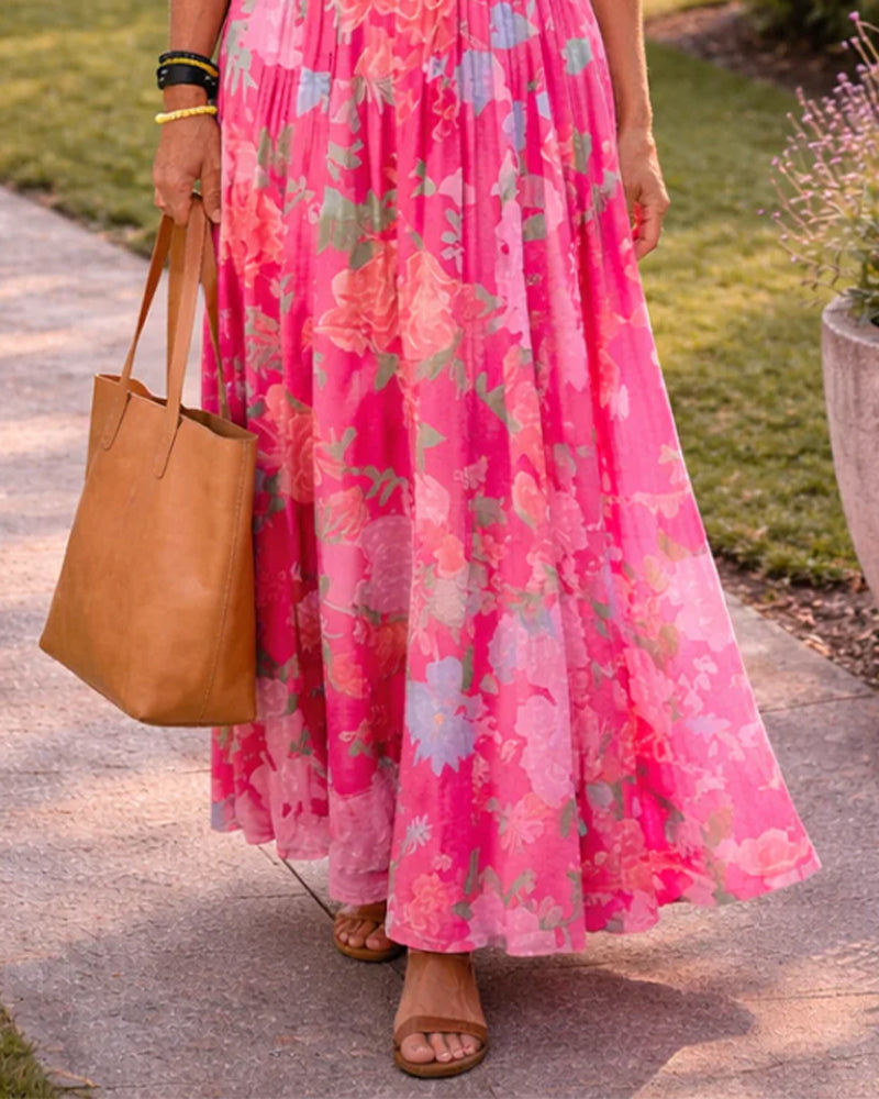 Pink high waist floral bubble sleeve maxi dress, styled view