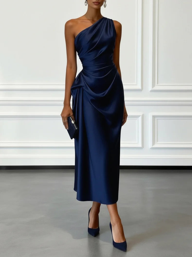 Navy satin one shoulder ruched midi dress, front view