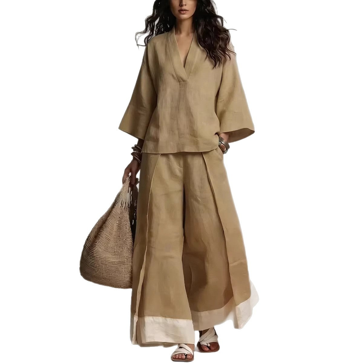 Linen V-neck co-ord set, casual styling view