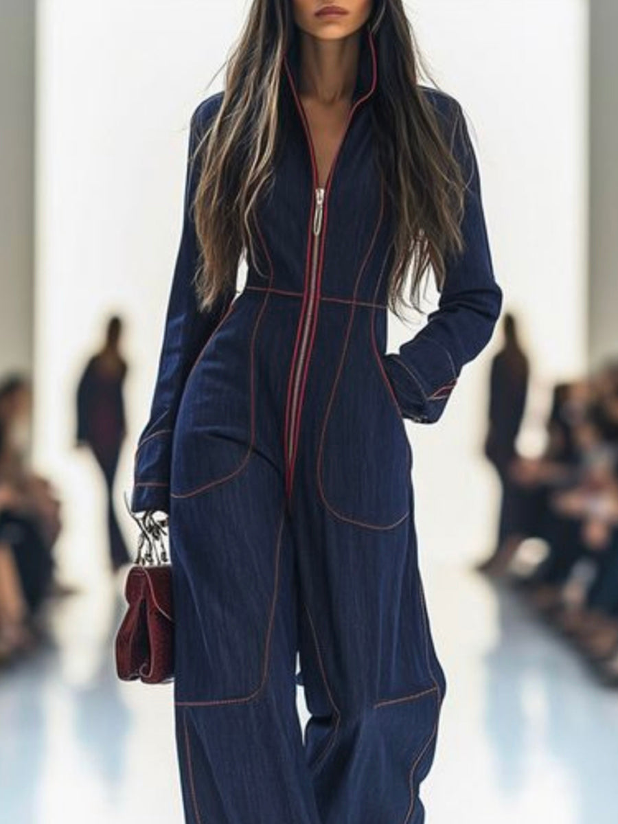 Denim Long Sleeve Jumpsuit with Stand Collar and Wide Leg