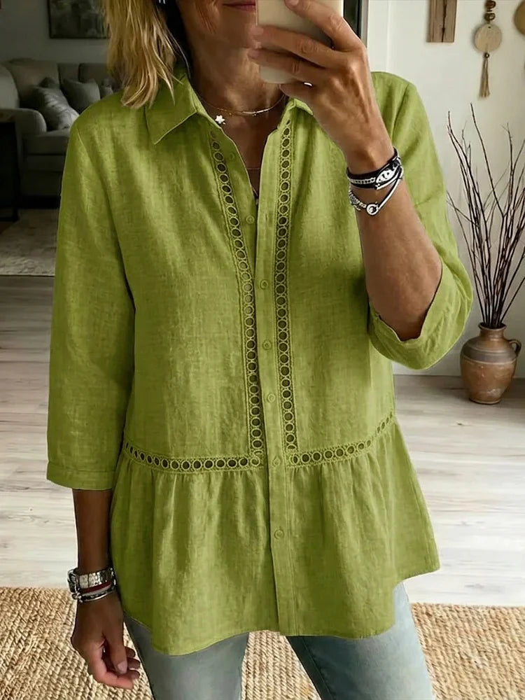 Linen cotton patchwork shirt in black, breezy casual style | Alba Muse