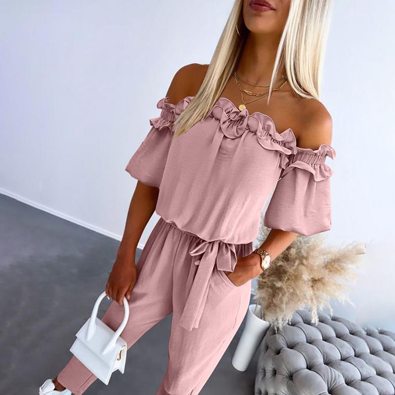 Pink off-shoulder jumpsuit with frill detail, summer occasion wear | Alba Muse
