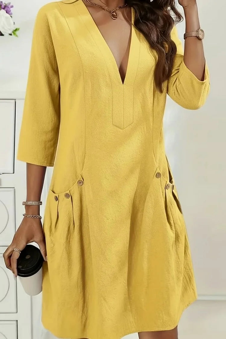 V-neck midi dress in yellow, short sleeve and loose waist silhouette | Alba Muse