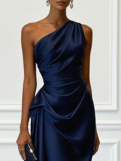 Navy satin one shoulder ruched midi dress – bodice close up