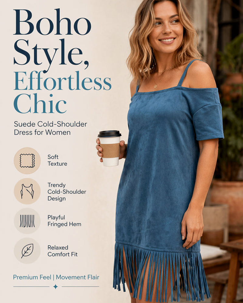 Blue Spaghetti Strap Off-Shoulder Fringe Maxi Dress