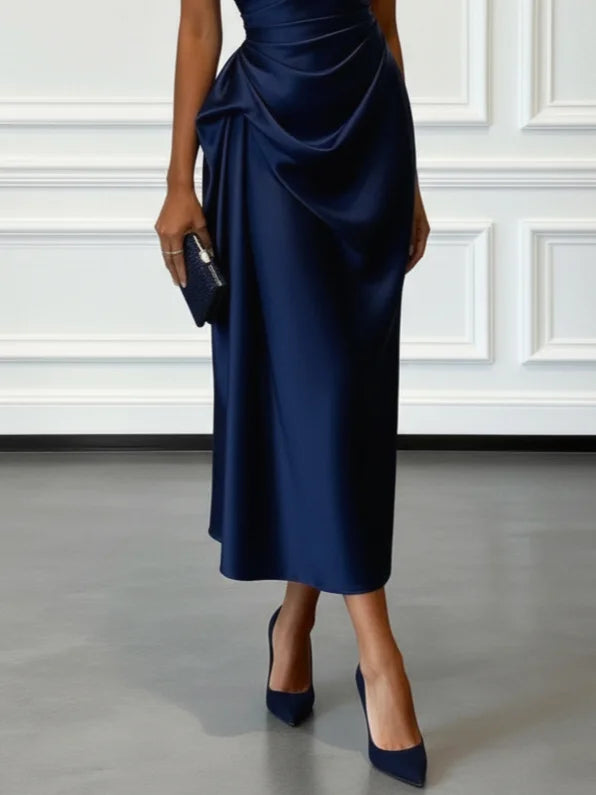 satin one shoulder ruched skirt midi dress ASOS Design One Shoulder satin Ruched side Midi Dress in chocolate Brown