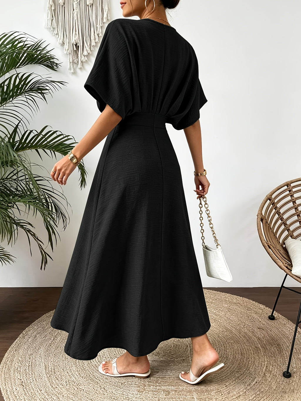 Batwing Sleeve Ruffle V-Neck Midi Dress