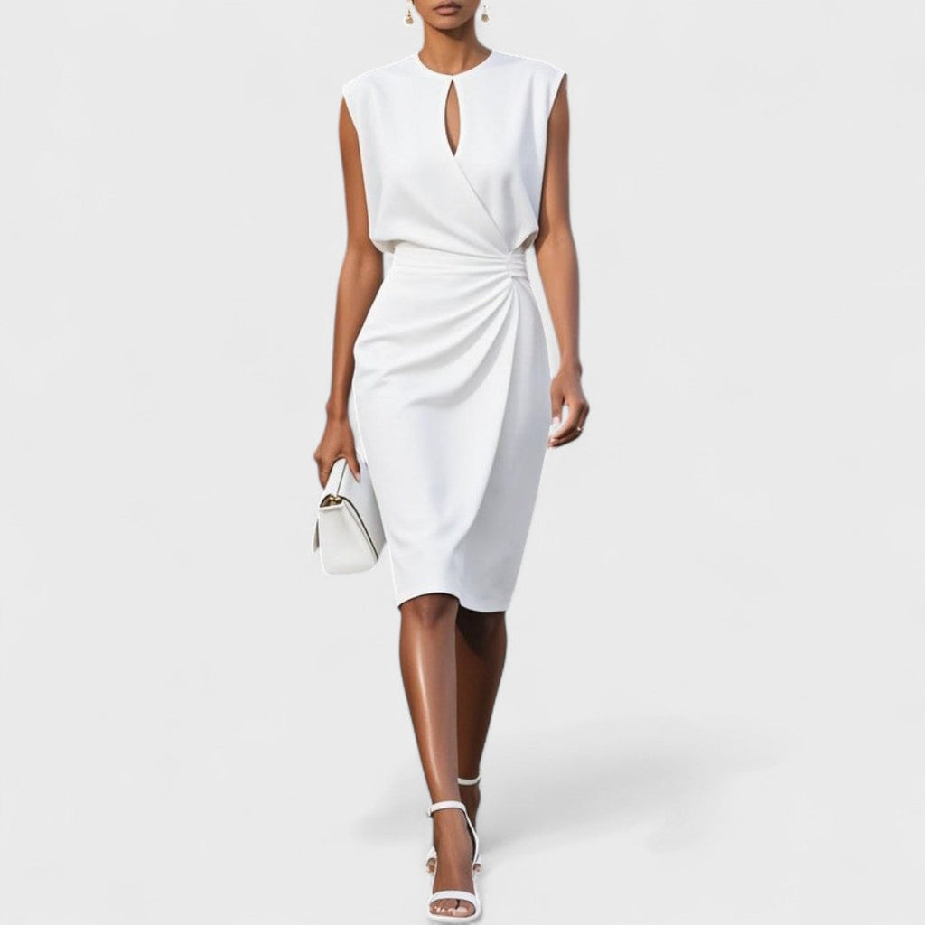 Elegant midi dress with graceful silhouette, side profile view