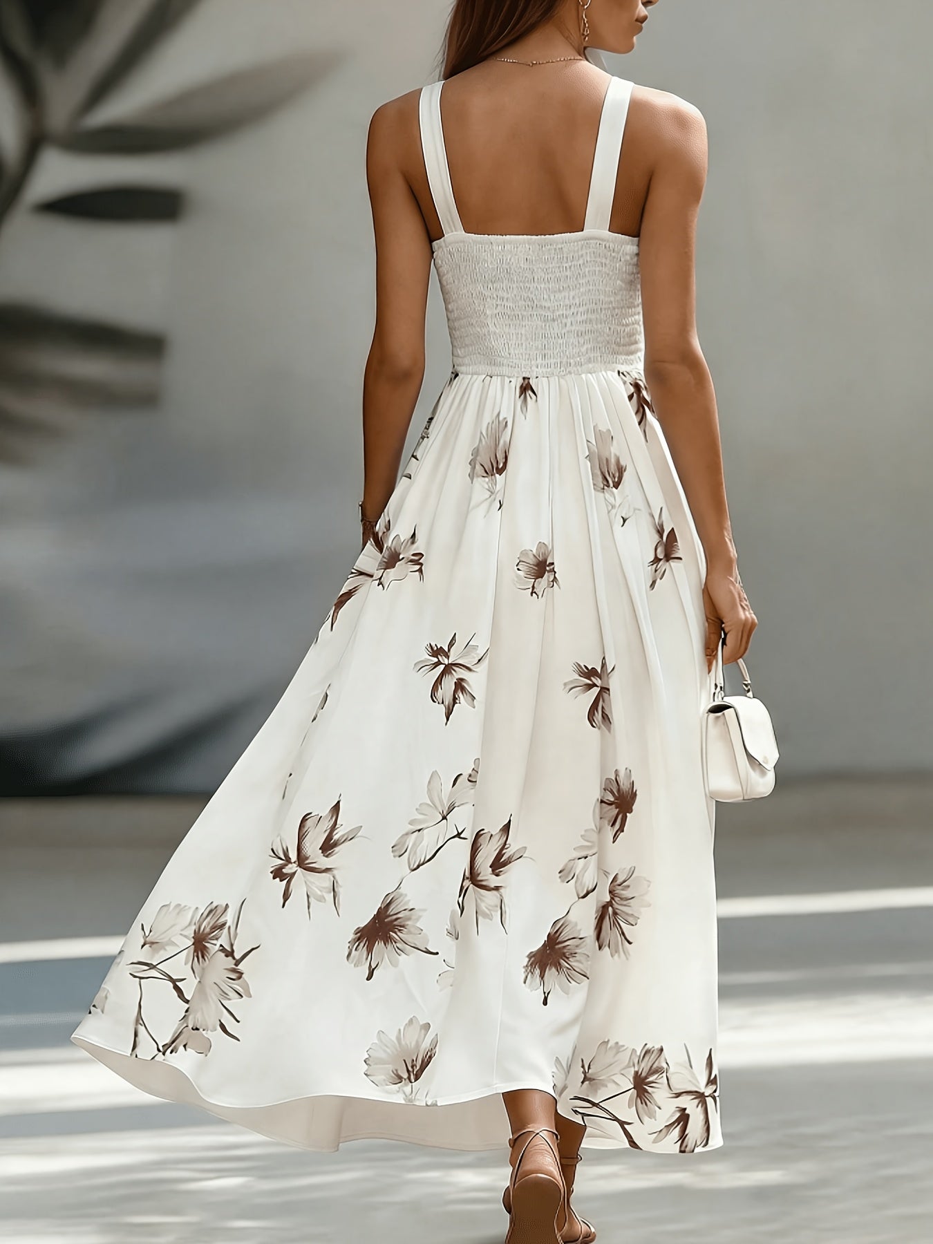 Backless Ruched Floral Patchwork Flared Maxi Dress in Coffee Brown, side view
