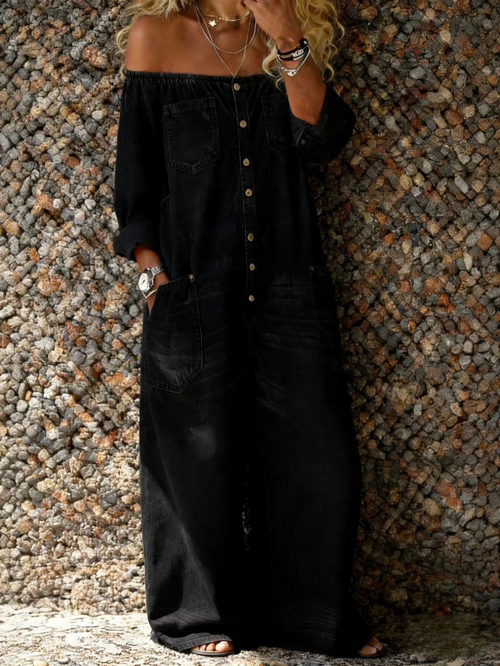 Denim Off-Shoulder Overalls