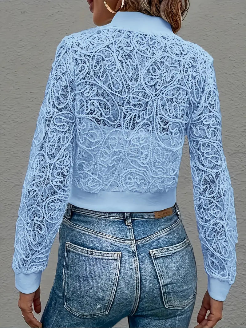 Lace Embroidered Mesh Bomber Jacket with Zip Front – Spring Layering Jacket
