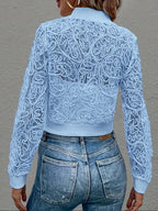 Lace Embroidered Mesh Bomber Jacket with Zip Front – Spring Layering Jacket