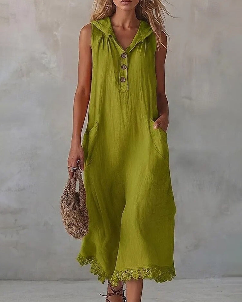 Hooded sleeveless lace patchwork midi dress, front view