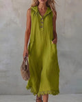 Hooded sleeveless lace patchwork midi dress, front view