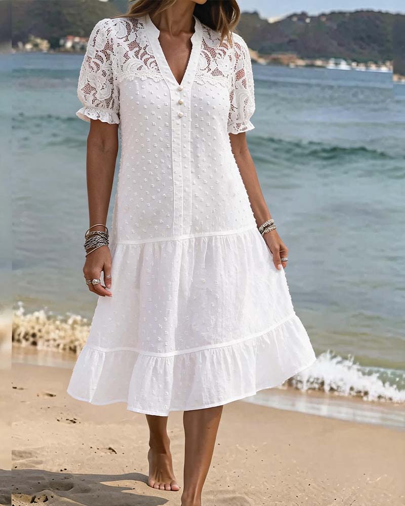Puff Sleeve Lace Resort Dress White | Alba Muse