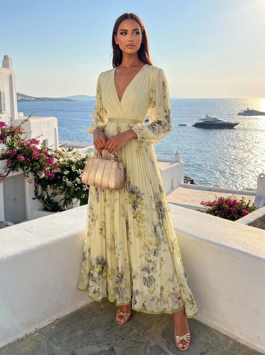 Elegant flowing maxi dress, side view