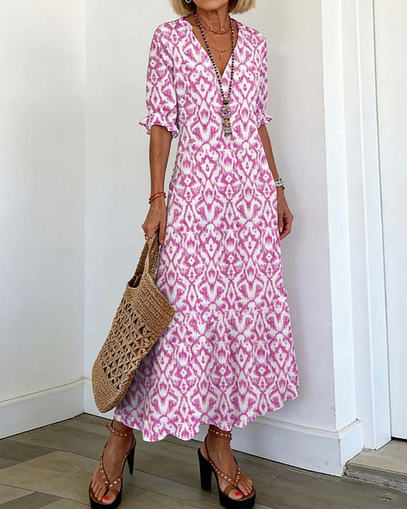 V-neck half sleeve ruffle print A-line midi dress, front view