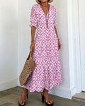 V-neck half sleeve ruffle print A-line midi dress, front view