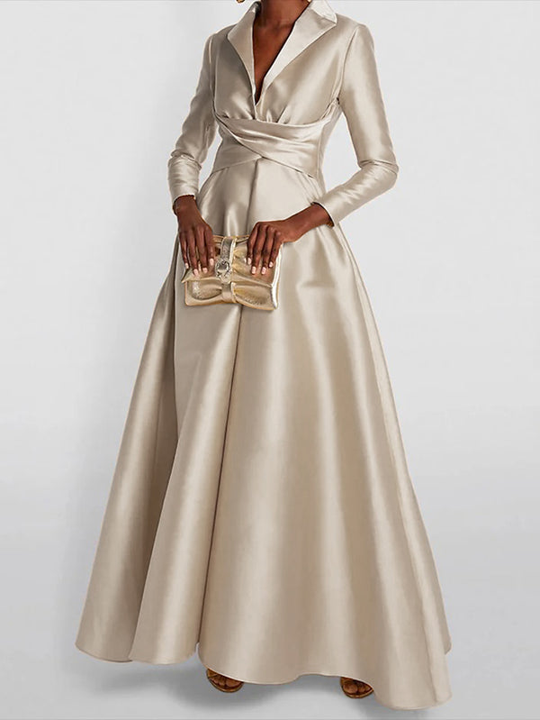 Gold solid colour A-line maxi dress, front view