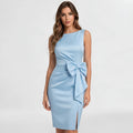 Women's sleeveless midi cocktail dress with side bow and slit, front view