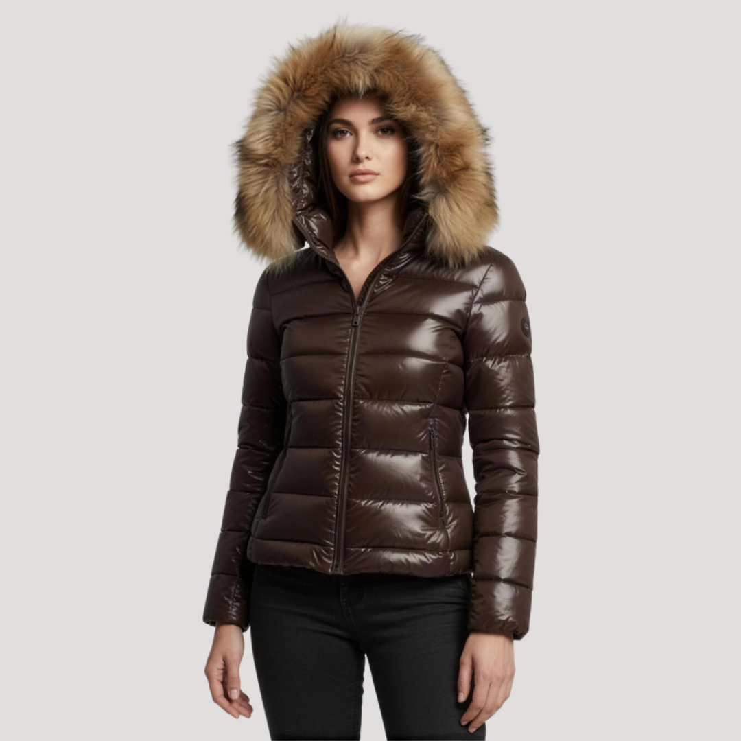 Brown faux fur trim glossy hooded puffer jacket, front view