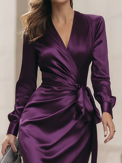 Deep Purple Satin Wrap Midi Dress — worn on model