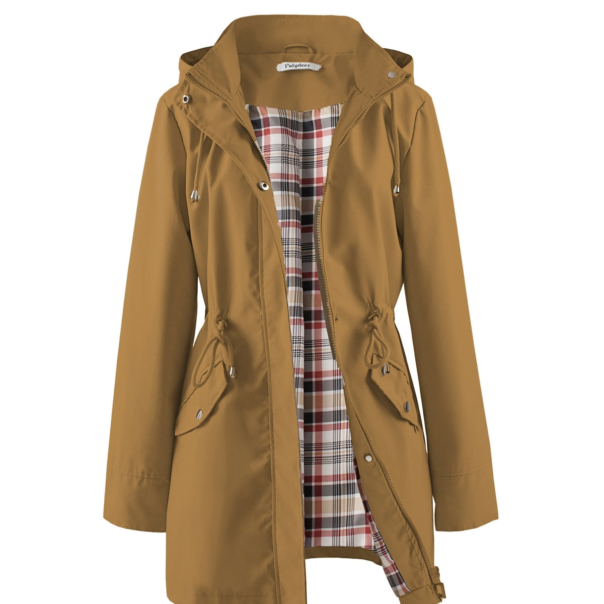 Hooded drawstring waist zip up coat with an attached hood in Camel